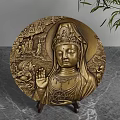 Brass Circular Guanyin Decorative Ornament Set with Carved Relief on Marble Surface and Green Plant