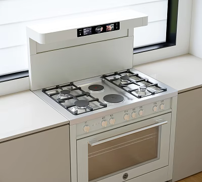 Modern Kitchen Appliances With Gas Stove Oven And Range Hood In White Design 3d model