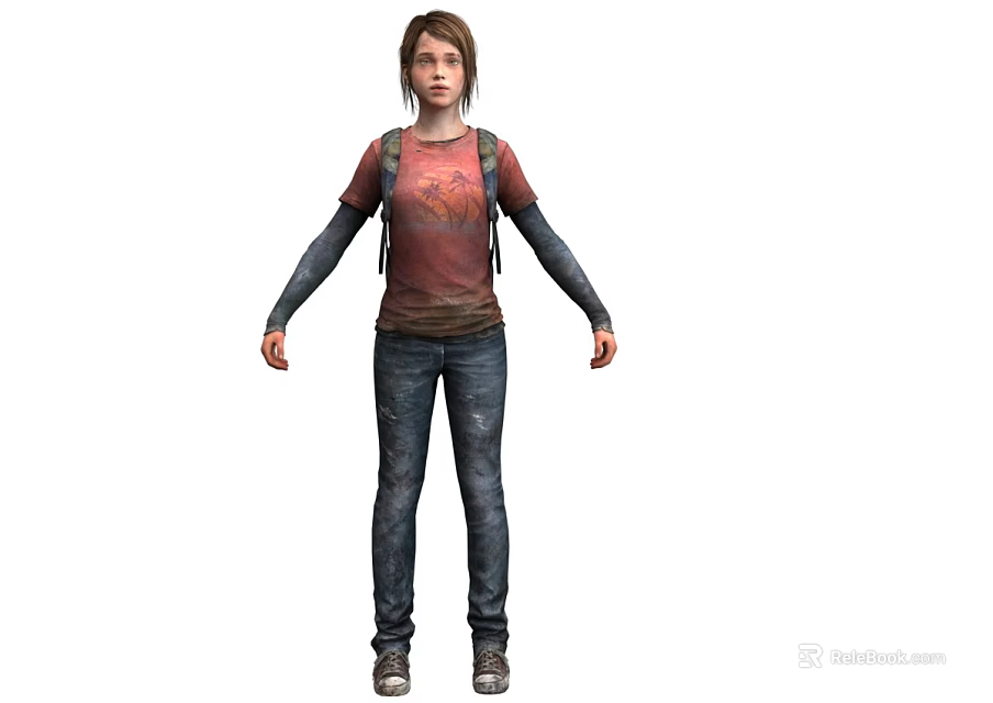 A Woman Wearing Red T-shirt Blue Jeans and Backpack with Long Sleeves and Shoes 3d model 