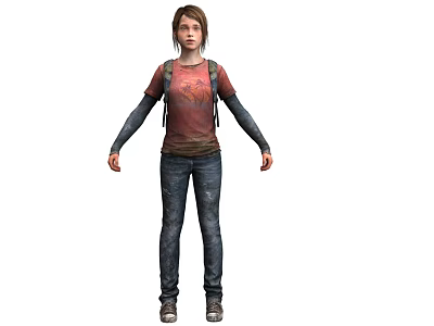 A Woman Wearing Red T-shirt Blue Jeans and Backpack with Long Sleeves and Shoes 3d model