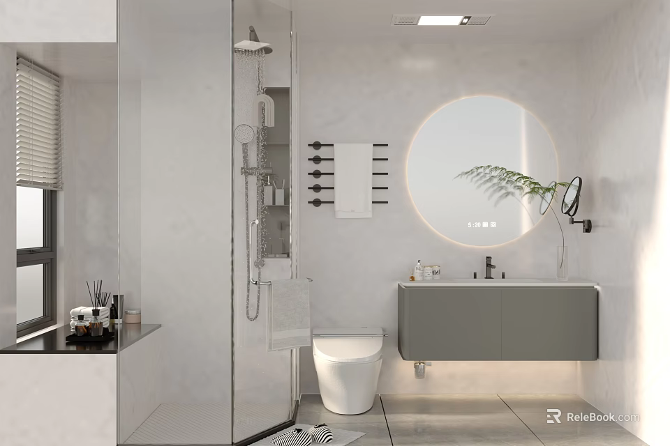 Modern Bathroom Interior With Glass Shower Round Mirror Smart Toilet Grey Vanity And Plant 3d model 