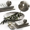 Decorative Ornament Set with Books Stone Sculpture Ceramic Plate Green Leaves and Candle
