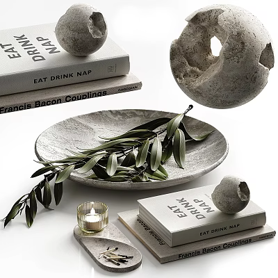 Decorative Ornament Set with Books Stone Sculpture Ceramic Plate Green Leaves and Candle 3d model