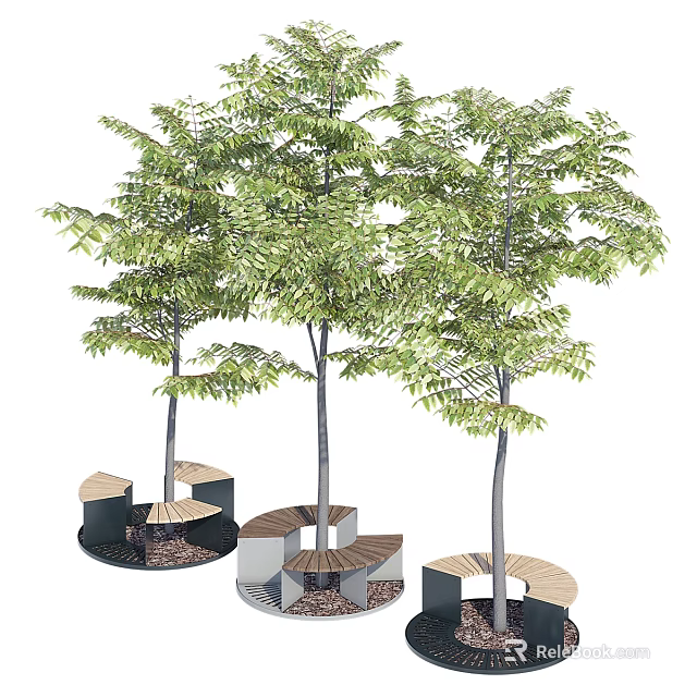 Contemporary Outdoor Tree Pit Design Featuring Wood And Metal Seating And Lush Trees 3d model 