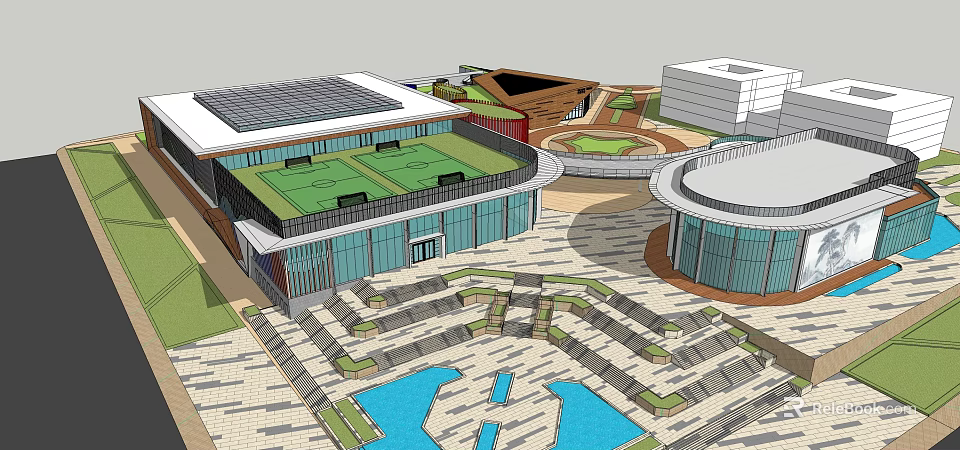 Modern Architectural Complex With Green Roofs Solar Panels Plaza Water Pools And Walkways 3d model 