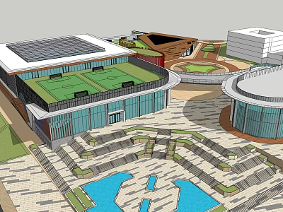 Modern Architectural Complex With Green Roofs Solar Panels Plaza Water Pools And Walkways 3d model