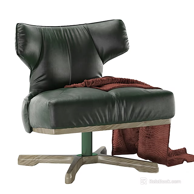 Elegant Green Leather Wingback Armchair With Red Blanket And Wooden Swivel Base 3d model 