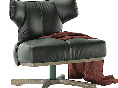 Elegant Green Leather Wingback Armchair With Red Blanket And Wooden Swivel Base 3d model