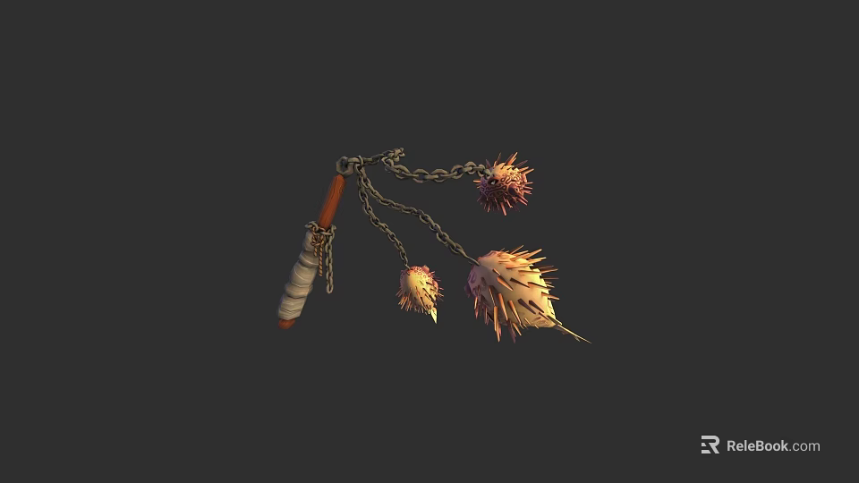 Medieval Spiked Chain Weapon With Wooden Handle And Three Spiked Balls 3d model 
