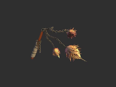 Medieval Spiked Chain Weapon With Wooden Handle And Three Spiked Balls 3d model