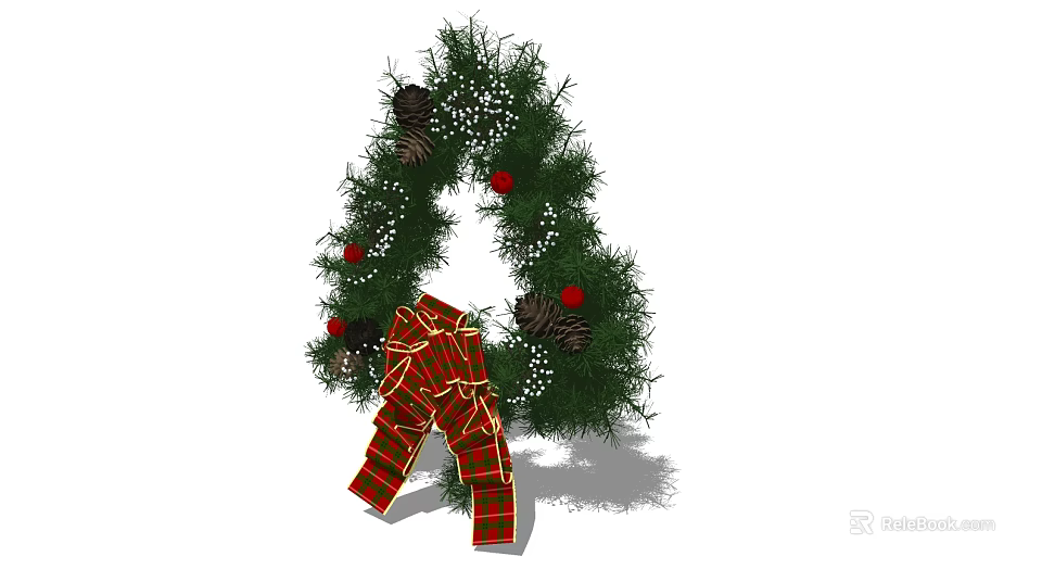 Christmas Decorative Ornament Set With Green Pine Branches Red Berries Pinecones And Red Plaid Bow 3d model 