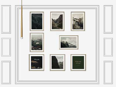 Photo Wall With Multiple Frames Displaying Scenic Mountain And Forest 3d model