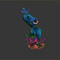 Blue Cartoon Dinosaur With Butterfly On Head On Green Grass Orange Flowers Pink Blades