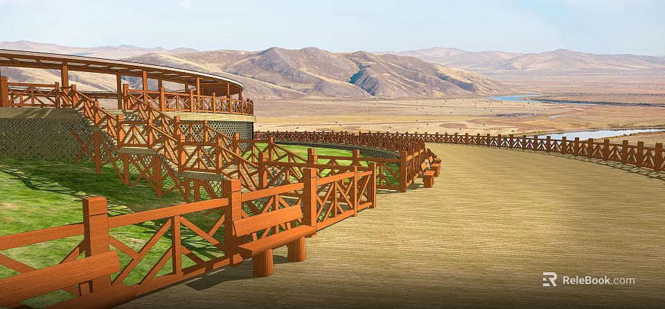 Scenic Road Facilities With Wooden Railings Benches And Green Lawn Platform Near Mountains And Lake 3d model 