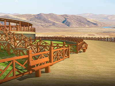 Scenic Road Facilities With Wooden Railings Benches And Green Lawn Platform Near Mountains And Lake 3d model