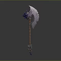Fantasy Battle Axe Featuring Glowing Red Yellow Accents And Detailed Wooden Handle Design