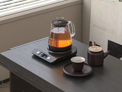 Glass Electric Kettle With Digital Base And Tea Set On Table 3d model