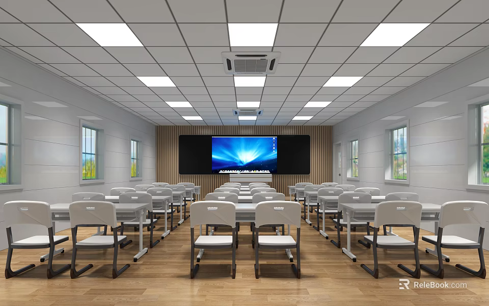 School Classroom Interior With Large Screen Desks Chairs Ceiling Lights And Windows 3d model