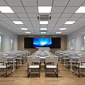 School Classroom Interior With Large Screen Desks Chairs Ceiling Lights And Windows 3d model