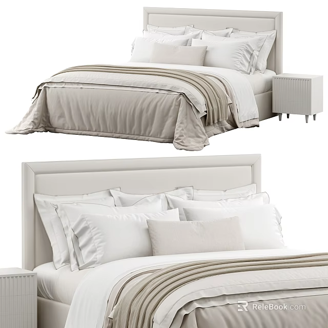 Modern Double Bed with Upholstered Headboard Light Beige Linens White Pillows and Matching Nightstand 3d model 