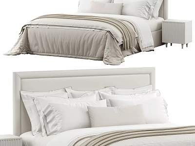 Modern Double Bed with Upholstered Headboard Light Beige Linens White Pillows and Matching Nightstand 3d model
