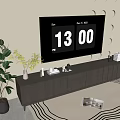 Modern TV Stand With TV Circular Wall Decor Indoor Plant And Patterned Rug