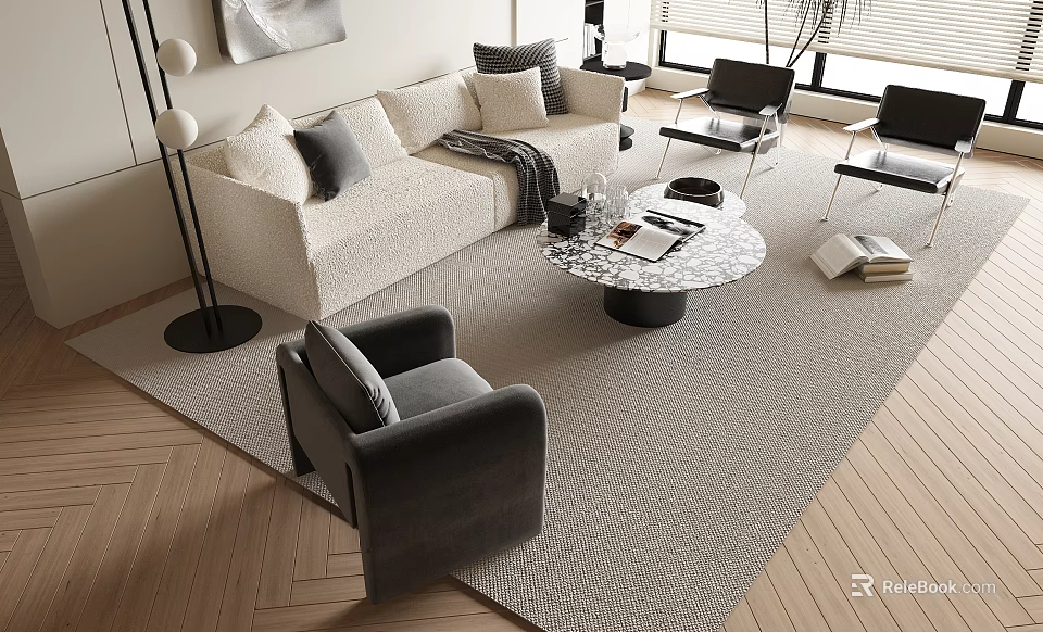 Modern Sofa And Coffee Table Set With Decorative Pillows Round Table And Area Rug 3d model 