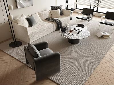 Modern Sofa And Coffee Table Set With Decorative Pillows Round Table And Area Rug 3d model