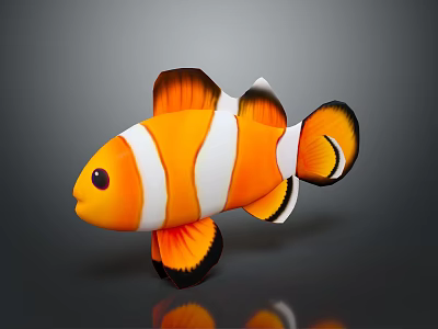 Clownfish 3D Model Featuring Orange White Stripes And Black Edges Fins With Reflection 3d model