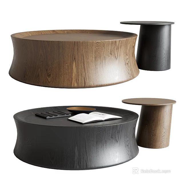 Modern Sofa Coffee Table Set With Round Wooden Texture Brown Black Side Tables 3d model