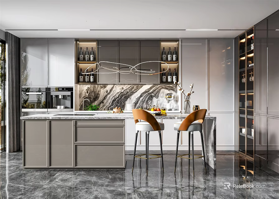 Elegant Modern Kitchen Interior With Marble Island Cabinets And Bar Stools 3d model 