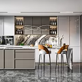 Elegant Modern Kitchen Interior With Marble Island Cabinets And Bar Stools