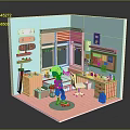 Child playing in a cozy colorful bedroom with desk toys books window rug and decorations