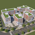 Aerial View of Modern School Campus Buildings With Green Rooftops Surrounding Roads and Sports Field