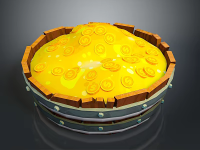 Jewelry Collection Displaying Gold Coins Floating in Yellow Liquid Inside Wooden Barrel with Dollar Signs 3d model