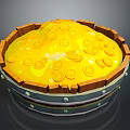 Jewelry Collection Displaying Gold Coins Floating in Yellow Liquid Inside Wooden Barrel with Dollar Signs