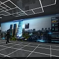 Modern Control Room With Large Display Screen Showing City Buildings And Data Charts