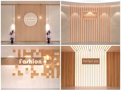 Fashionable Interior Feature Wall Design With Wooden Stripes Squares And Lighting 3d model