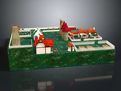 Colorful Miniature Building Model With Red Roof Houses Windmill And White Fence 3d model