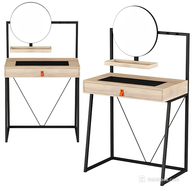 Modern Dressing Table With Wooden Top Black Metal Frame And Round Mirror 3d model 