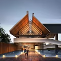 Modern Sales Office Building With Unique Sloped Roof Large Glass Windows And Illuminated Facade