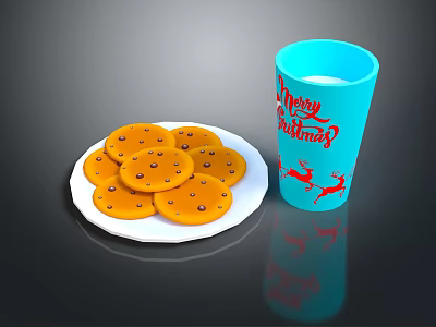 Delicious Round Orange Biscuits On White Plate With Blue Christmas Cup And Reindeer Design 3d model