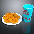 Delicious Round Orange Biscuits On White Plate With Blue Christmas Cup And Reindeer Design