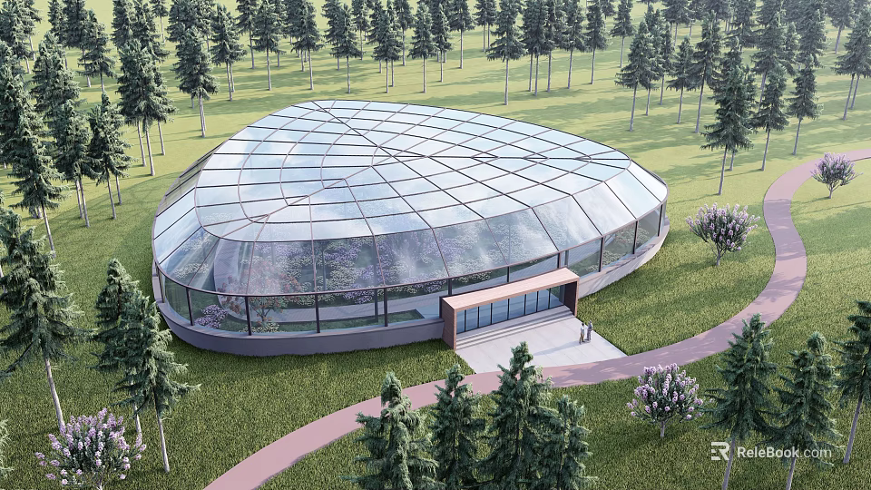 Glass Dome Building Surrounded by Pine Trees Green Lawn and Pathway 3d model 