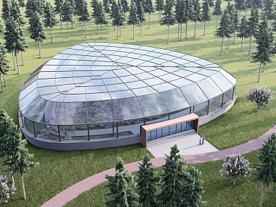 Glass Dome Building Surrounded by Pine Trees Green Lawn and Pathway 3d model