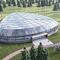 Glass Dome Building Surrounded by Pine Trees Green Lawn and Pathway 3d model
