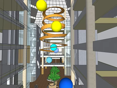 Shopping Mall Lobby Featuring Spiral Decoration Hanging Colorful Spheres Glass Facades Columns And Green Plants 3d model