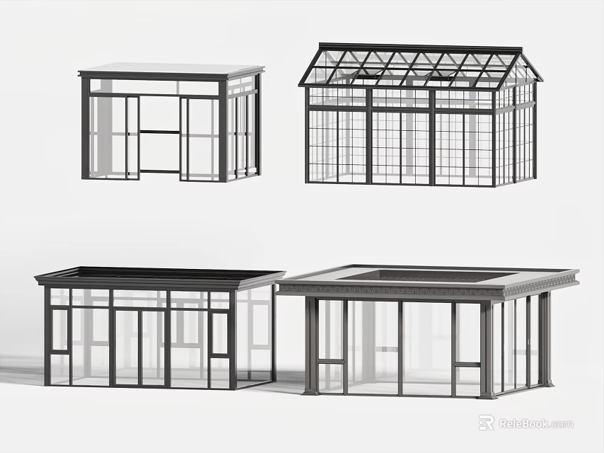 Various Glass House Designs With Different Roof Structures And Glass Panels 3d model 