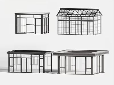 Various Glass House Designs With Different Roof Structures And Glass Panels 3d model