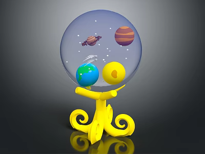 Space Themed Decorative Ornament Set With Transparent Globe Yellow Curved Base And Inner Planets Asteroid 3d model
